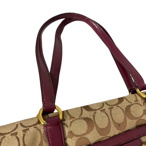 Coach Signature Stripe Tote Bag Tan Jacquard Pink Plum Patent Leather F28504 - Picture 8 of 15